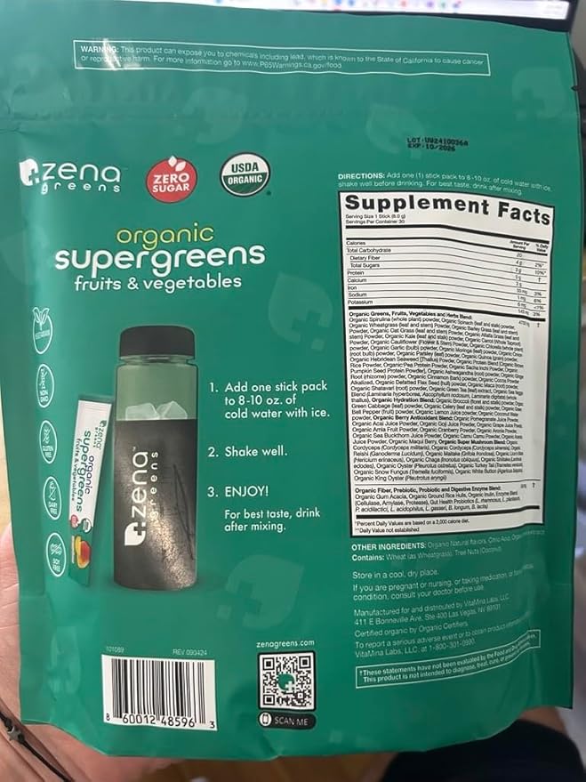 Zena Nutrition Organic Super Greens Powder, 70+ Superfoods, 0 Sugar, 3G Fiber, Spirulina, Chlorella, Mushrooms, Prebiotics/Probiotics, Digestive Enzymes for Gut Health, Mango, 30 Drink Mix Packets