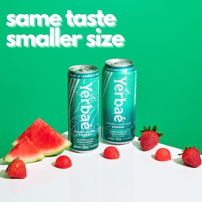 Yerbaé Energy Beverage, Watermelon Strawberry, 120mg Caffeine. No Sugar/Calories/Carbs, Energized by Yerba Mate, Plant-Based, Healthy Alternative to Sugary Drinks, Pack of 12, 12oz cans