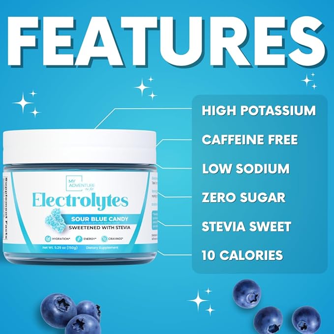 Zero Sugar - Sour Blue Candy Electrolytes Powder - Refreshing Hydration - Caffeine Free Energy - All Natural Ingredients - Vegan, Keto & Paleo - Sugar Free Electrolyte Powder Drink Mix - 30 Servings
