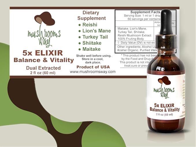 5X Elixir – Reishi – Lions Mane – Turkey Tail – Shiitake – Maitake – Mushroom Supplement – Immune System Support – Balance, Vitality, Longevity – Non-GMO, Gluten Free, Vegan – 2 Fl Oz