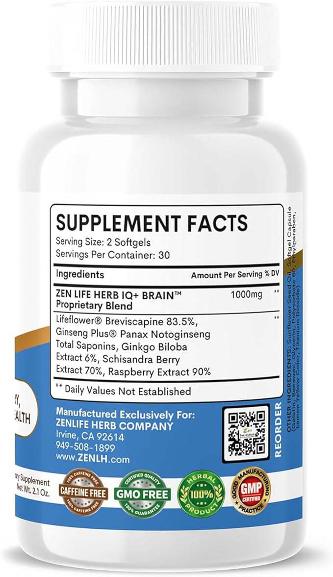 ZEN LIFE HERB IQ+ Brain - Caffeine-Free, Clinically Tested Focus, Concentration, Memory & Energy, Natural Plant-Based Herbal Supplement, No Added Vitamins/Minerals/Mushroom/Sugar (60 Softgels)
