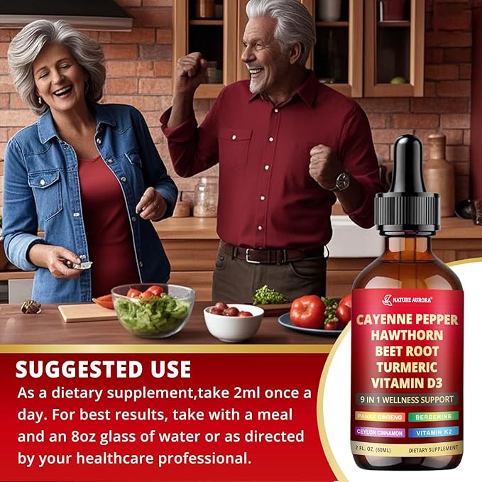 9 in1 Cayenne Pepper Liquid Drops - Cayenne Pepper Extract Drops Supplement Liquid + Hawthorn Berry, Beetroot, Turmeric, Vitamin K2 & D3 - Digestion, Immune and Circulation Support - 2 Fl Oz
