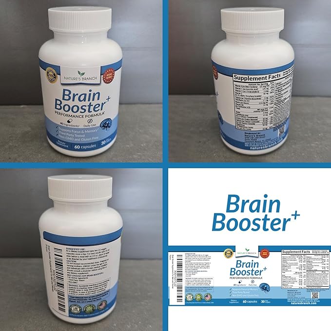 40-in-1 Brain Booster Supplement for Focus, Memory, Clarity, Energy | Advanced Vitamins Plus eBook | for Men & Women, Cognitive Function Nootropic Support with DMAE, Mind Health Formula | 60 Capsules