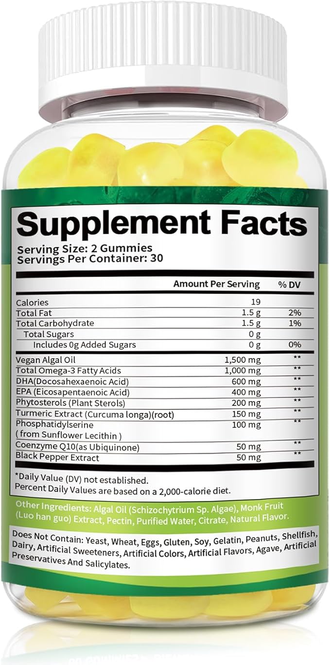 10-in-1 Vegan Omega-3 Gummies 1500mg with DHA 600mg, EPA 400mg, Phytosterols, Turmeric, CoQ10, Phosphatidylserine, Monk Fruit, Algae Omega 3 Supplement Fish Oil Alternative for Adults & Teens - 60 Cts