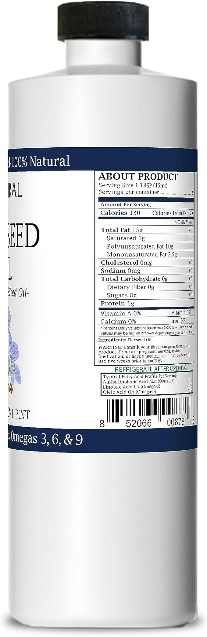 Zatural Flaxseed Oil Organically Grown 100% Pure Flax Seeds Cold Pressed Vegan Omega Fatty Acids 16oz