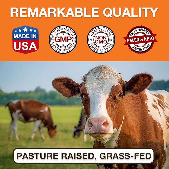 Zammex Pure Grass Fed Beef Bone Broth Protein Powder,20g Protein, Hydrolyzed Collagen Supplement for Healthy Skin,Nails,Hair,Joints, Non-GMO,Gluten Free,Paleo & Keto Friendly, Great in Soup