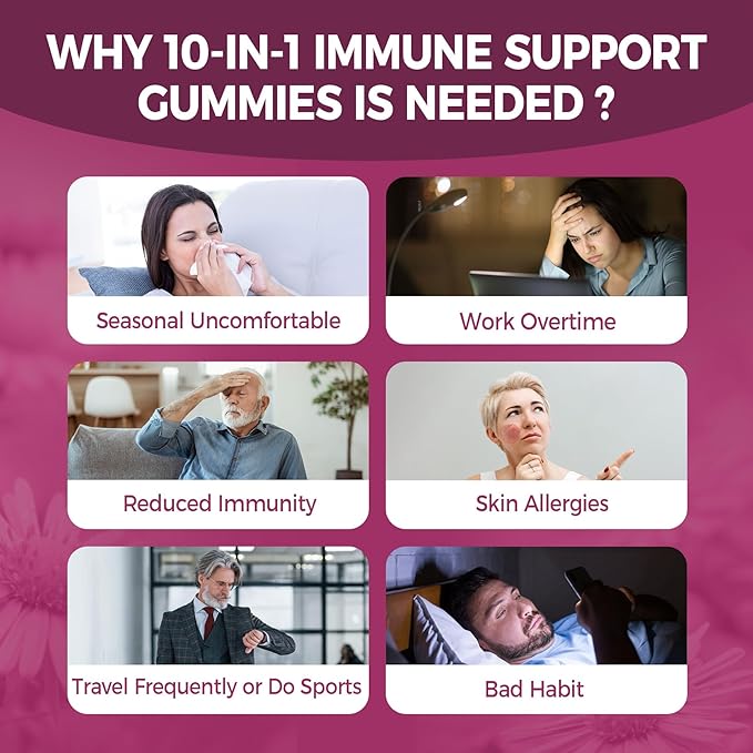 10 in 1 Immune Support Supplement Gummies, w/Echinacea, Elderberry Vitamin C and Zinc, Selenium, Vitamin D3 5000IU, Magnesium, Daily Immune Booster Multivitamin, for Antioxidant Bone Energy, 2 Pack