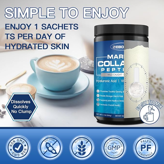 ZEBORA Marine Collagen Peptides Powder 50 Servings - Wild Caught Hydrolyzed Fish Collagen with Hyaluronic Acid, Keratin, Multivitamins - Collagen for Women Support Skin Hair Nail Joint, Keto Friendly