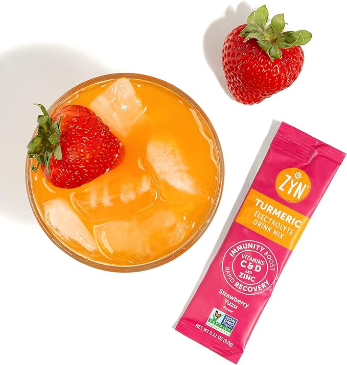 ZYN Electrolyte Drink Mix Hydration Packets, Strawberry Yuzu Electrolytes Powder, Hydration Packets w/Turmeric Curcumin, Vitamin C & D, Zinc, Hydrate & Recover Electrolyte Powder, Pack of 32