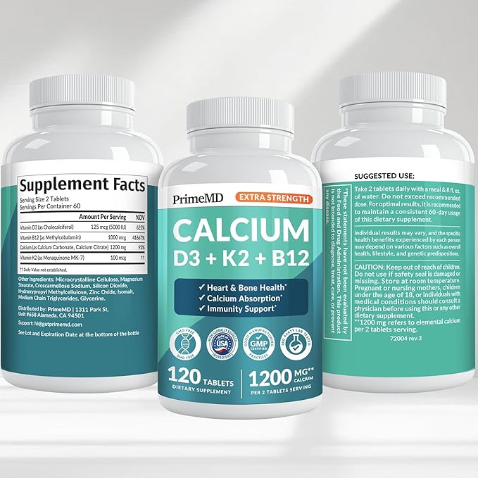 4-in-1 Calcium 1200 mg With Vitamin D3 Supplements for Women and Men - Calcium Extra Strength with Vitamin D3 K2 5000 IU Supplement,1200 mg per serving -Free - Vegan-Friendly (120 count) (Pack of 1)