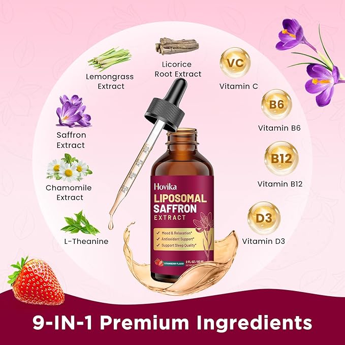 2 Pack Liposomal Saffron Supplements - 88.5mg Saffron Extract Liquid Drops with L-Theanine, Chamomile, Vitamin C, B6, B12 & D3 for Antioxidant, Immune, Mood, Energy, Focus & Sleep - Strawberry Flavor