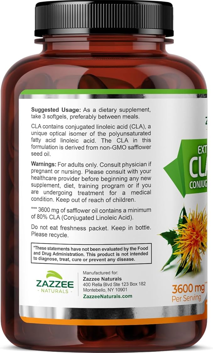 Zazzee High Potency CLA 3600, 180 Softgels, 3600 mg per Serving, Conjugated Linoleic Acid from Safflower Oil, Concentrated and Standardized, 60 Day Supply, Non-GMO and Made in The USA