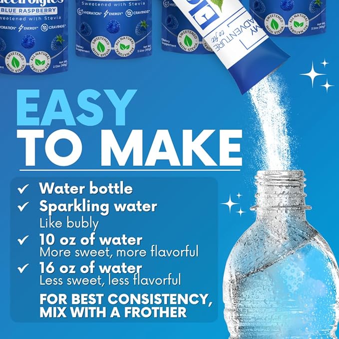 Zero Sugar - Blue Raspberry Electrolytes Powder - Refreshing Hydration - Caffeine Free Energy - All Natural Ingredients - Vegan, Keto and Paleo - Sugar Free Electrolyte Powder Drink Mix - 15 count