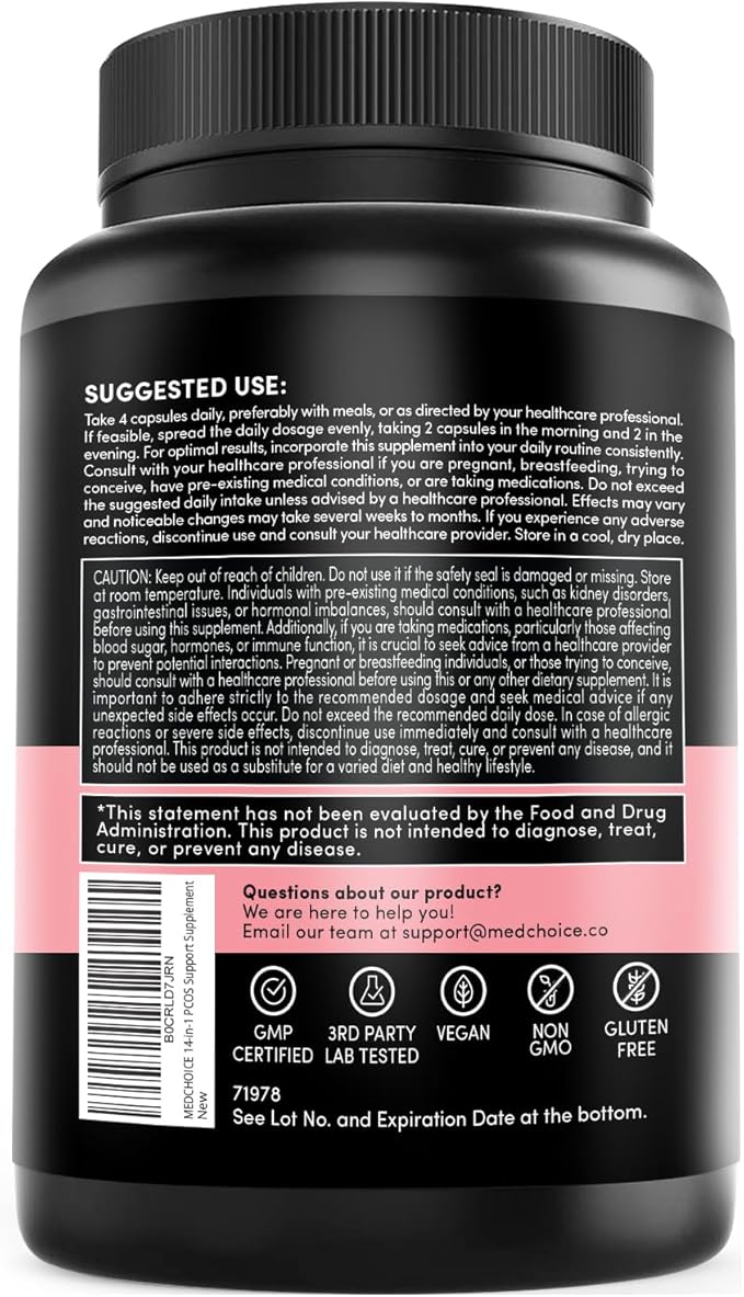 14-in-1 Inositol Supplement & Hormone Support for Women - 40:1 Myo-inositol & D-Chiro Inositol Ovarian Support Capsules for Hormone Balance with Folate, Vitamin D and B12 (120 count) (Pack of 2)