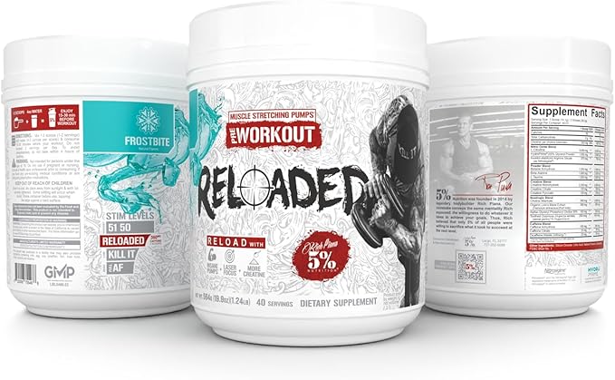 5% Nutrition Rich Piana Reloaded High Stim Pre-Workout | Ultra Energy, Focus, Pumps, Power & Endurance | Citrulline, GlycerSize, Nitrosigine, Creatine, Choline, Huperzine A (Frostbite)