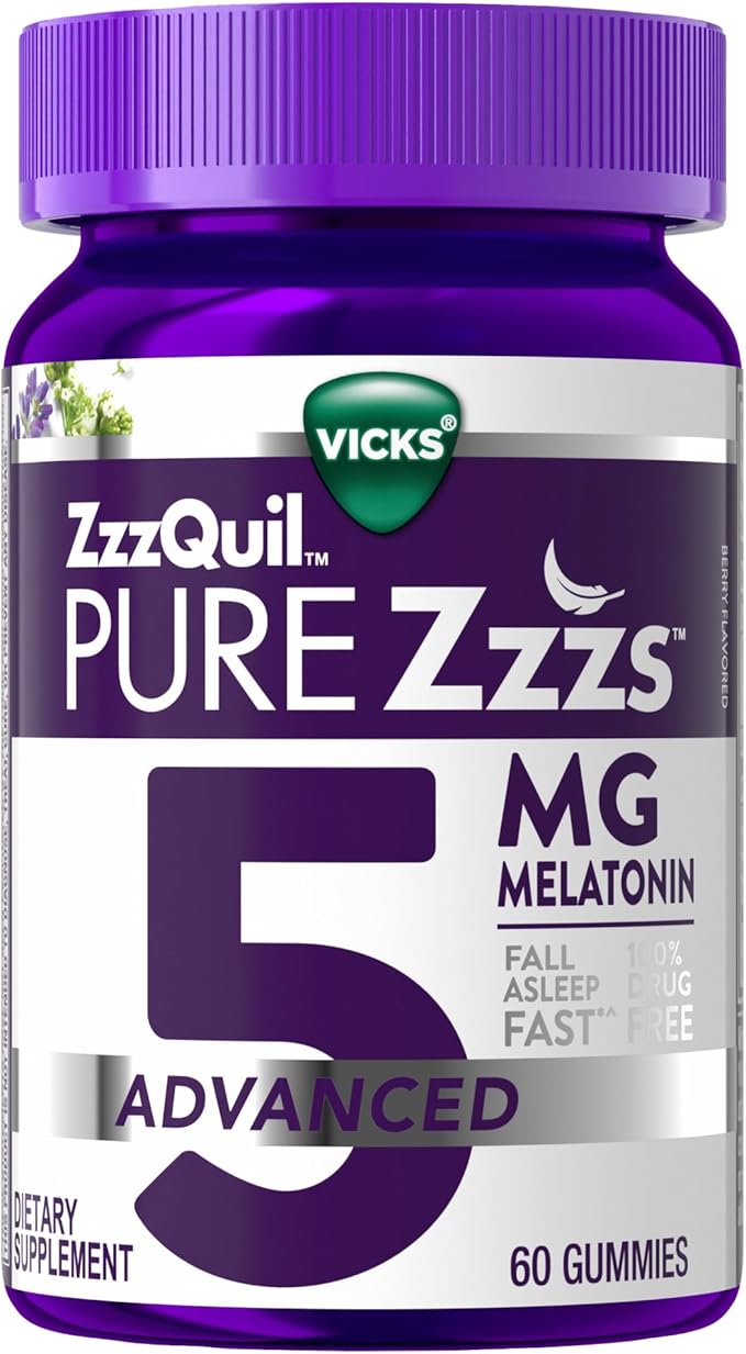 ZzzQuil Pure Zzzs Melatonin Gummies, Melatonin 5mg, Sleep Aid, with Chamomile & Lavender, Melatonin Sleep Gummies, Sleep Aids for Adults, Berry Flavored, 60 Sleep Gummies
