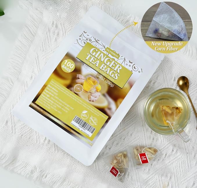 100 Premium Ginger Tea Bags/7.06 Oz, Made with 100% High-Spiciness Ginger Root, Full of Flavor & Spicy, Support Digestion & Boost Immunity, No Additives & Caffeine Free.