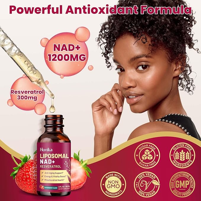 2 Pack Liposomal NAD Supplement - 1200mg NAD+ Liquid Drops for Women & Men with Resveratrol, Black Pepper Extract - Support Anti-Aging, Brain & Cellular Mitochondrial Health - Strawberry Flavor