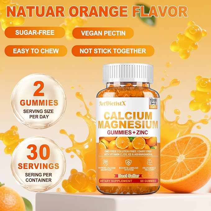 1200mg Calcium Gummies w/Vitamin D3 for Adults - High Absorption Calcium Supplement with Magnesium, K2, Copper, Boron, Zinc and Ashwagandha, Support Bone & Muscle, Sugar-Free for Women Men, 60 Count