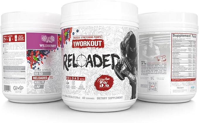 5% Nutrition Reloaded High Stim Pre-Workout | Ultra Energy, Focus, Pumps, Power & Endurance | Citrulline, HydroPrime Glycerol, Nitrosigine, Creatine, Choline, Huperzine A (Wildberry)