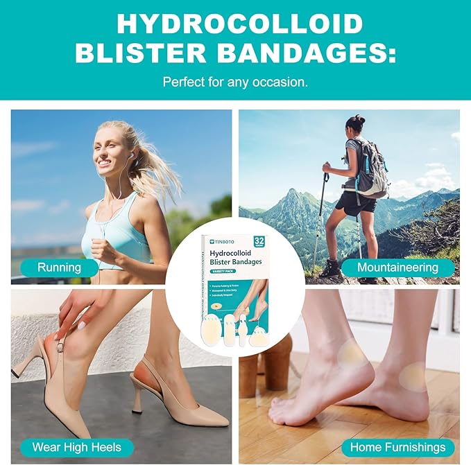 32PCS Hydrocolloid Blister Bandages for Feet – Waterproof Hydrocolloid Bandages, Gel Blister Pads for Heel & Toe, Blister Cushions for Prevention & Faster Recovery (Bunion Pack)