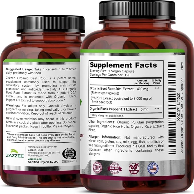 Zazzee USDA Organic Beet Root 8000 mg Strength 20:1 Extract, 120 Vegan Quick Release Capsules, Black Pepper Extract for Enhanced Absorption, Supports Nitric Oxide Production, Non-GMO, Made in The USA
