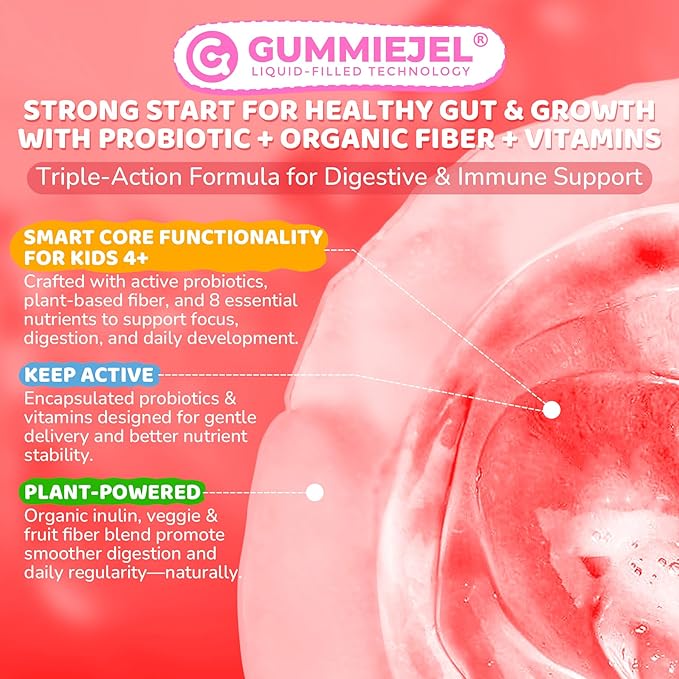 2Pack Probiotics for Kids Teen + Veggie & Fruit Fiber Gummies, with 12 Billion CFU Probiotic, Organic Inulin Prebiotics Fiber, Methyl B12 B6 C for Children's Digestive & Gut, Immune Health, Sugar Free