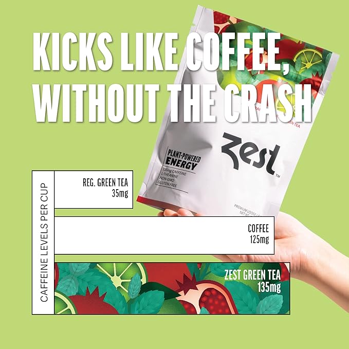 Zest 135mg High Caffeine Energy Loose Leaf Blend - Pomegranate Mojito Green Tea - 4 Oz - All Natural Strong Flavored Healthy Coffee Alternative Highly Caffeinated Substitute - Perfect for Keto