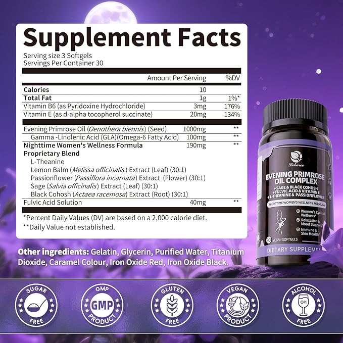 2 Pack Evening Primrose Oil Complex for Women – Hormone Wellness with Cold-Pressed EPO, 10% GLA, Sage, Fulvic Acid, L-Theanine – Cyclical Balance, Mood, Skin & Immune Health, 180 Softgels