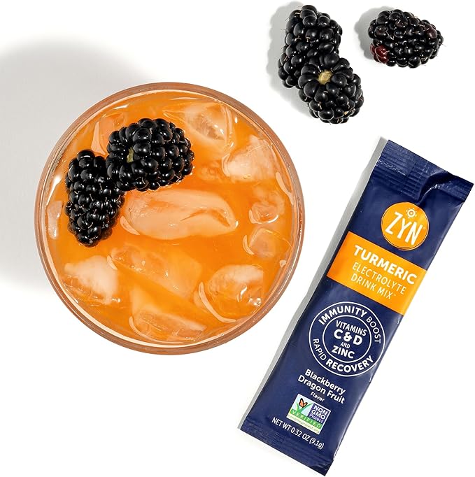 ZYN Electrolyte Drink Mix Hydration Packets, BlackBerry Dragonfruit Electrolytes Powder, Hydration Packets w/Turmeric Curcumin, Vitamin C & D, Zinc, Hydrate & Recover Electrolyte Powder, Pack of 32
