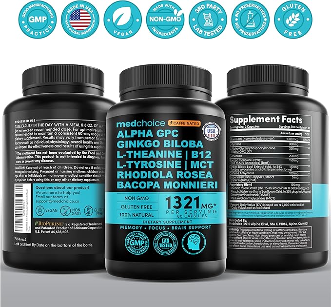 12-in-1 Nootropic Brain Supplement with Caffeine Anhydrous - Ginkgo Biloba for Brain Support, Memory, Focus - B12, Alpha GPC, L Theanine, Choline Supplements with Bioperine, 1321mg, (60ct, Pack of 2)