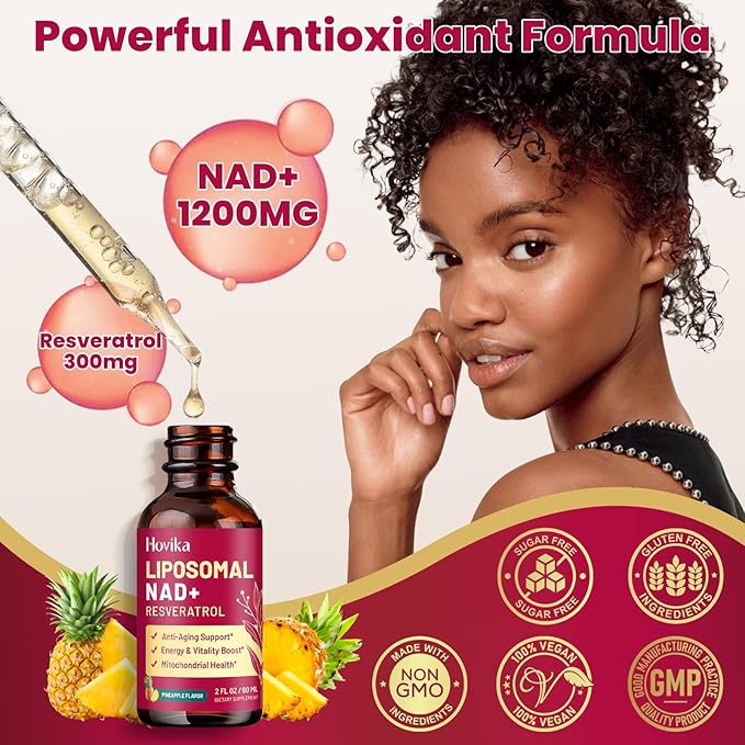 2 Pack Liposomal NAD Supplement - 1200mg NAD+ Liquid Drops for Women & Men with Resveratrol, Black Pepper Extract - Support Anti-Aging, Brain & Cellular Mitochondrial Health - Pineapple Flavor