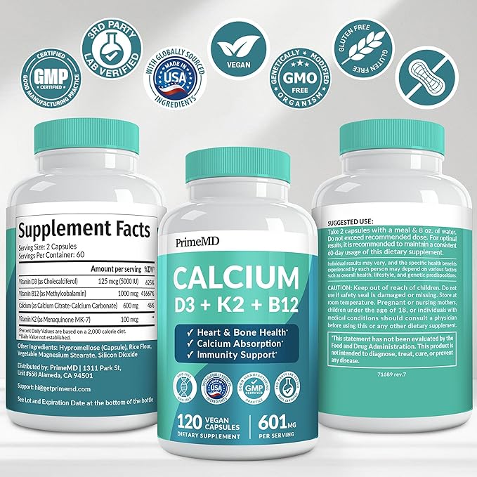 4-in-1 Calcium Supplements for Women and Men - Calcium with Vitamin D3 K2 5000 IU Supplement, 601mg per Serving - Gluten-Free, Vegan-Friendly (120 ct)