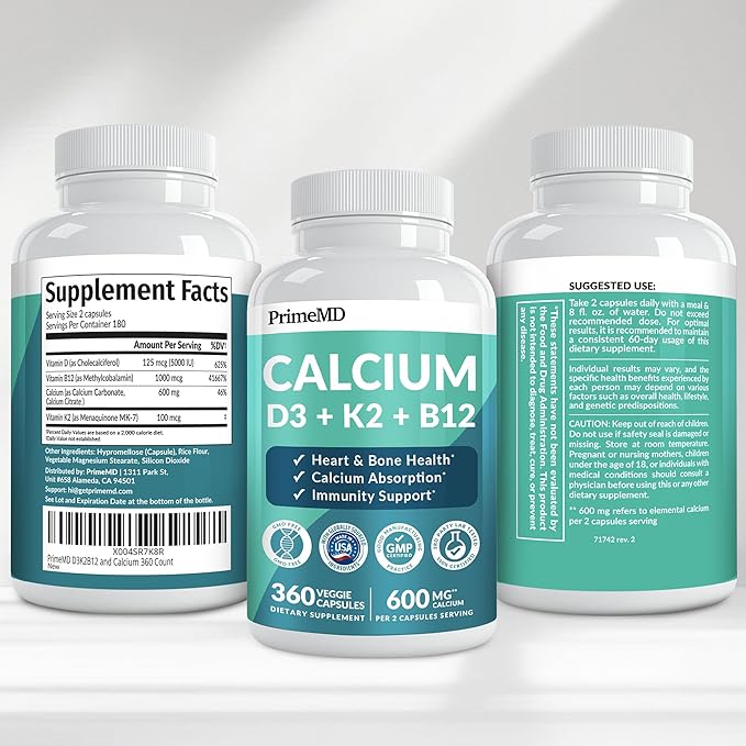 4-in-1 Calcium Supplements for Women and Men - Calcium with Vitamin D3 K2 5000 IU Supplement, 601mg per Serving - Gluten-Free, Vegan-Friendly (360 ct)