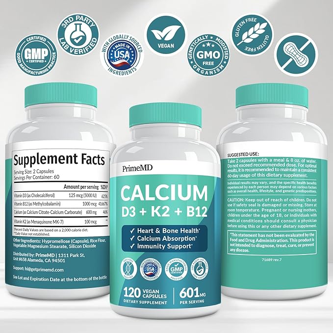 4-in-1 Calcium Supplements for Women and Men - Calcium with Vitamin D3 K2 5000 IU Supplement, 601mg per Serving for Heart, Bones & Body Defenses - Gluten-Free, Vegan-Friendly (480 ct)