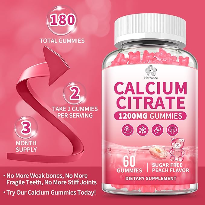 (3 Pack) Calcium Citrate Gummies 1200 mg for Adults, High Absorption Calcium Supplement for Women & Men, Sugar Free, Non-GMO, Gluten Free, Supports Muscle & Immune - Natural Peach Flavor