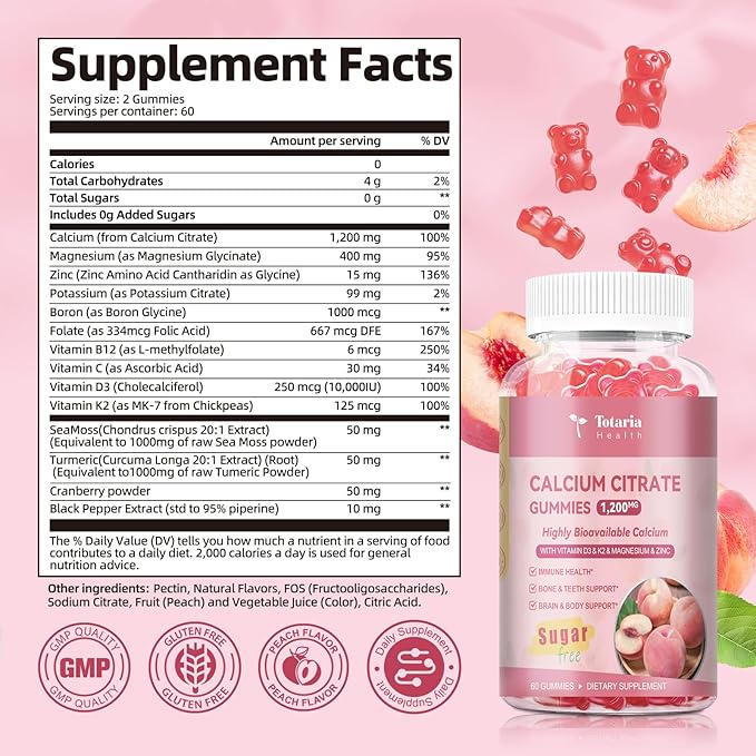 2 Pack Calcium Citrate Gummies 1200 mg - Calcium Supplements for Women with Vitamin D3 & K2,Magnesium,Zinc - Sugar Free Calcium Gummies for Bone & Teeth & Immune Support- Peach Flavor
