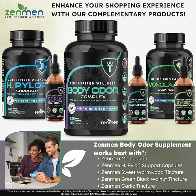 Zenmen Naturally Body Deodorizing Supplement - Body Odor Eliminator Pills - Internal Deodorant for Underarms, Intimate Areas, and Private Parts - 60 Vegan Capsules. Made in The USA