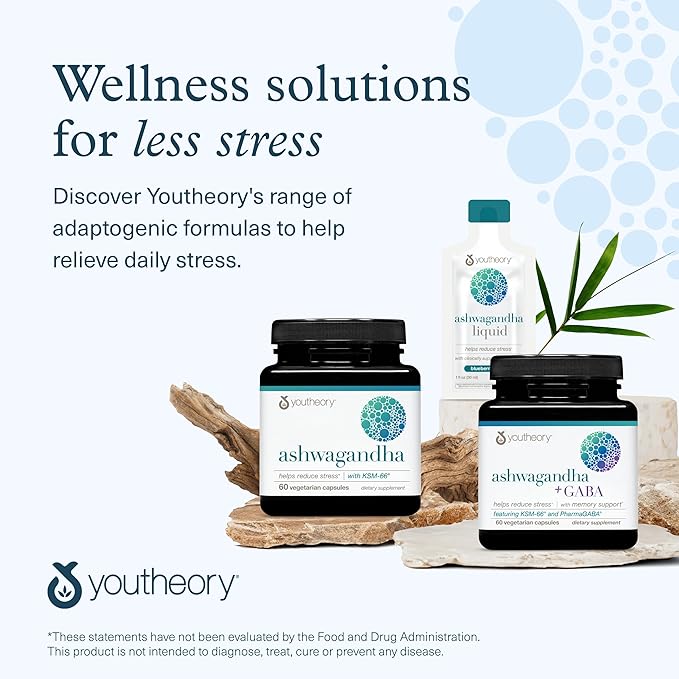 Youtheory Ashwagandha - 1,000 mg - Stress Support Supplement - Cortisol Support Supplement - Gluten, Dairy & Soy Free - 60 Vegetarian Capsules