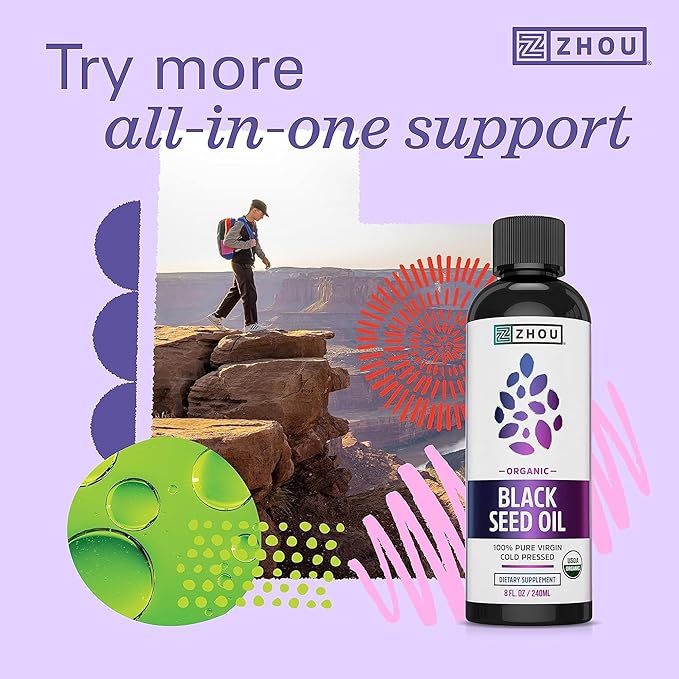 ZHOU Black Seed Oil & Capsules - Black Cumin Seed Oil Cold Pressed, Pure Unrefined Nigella Sativa, Premium Supplement for Health, Hair & Skin - 8 fl oz Bottle & 60 Capsules