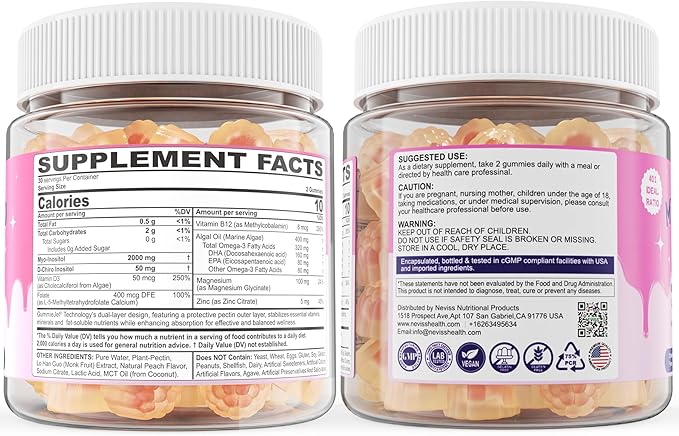 2 Pack Myo-Inositol & D-Chiro Inositol, Hormone Balance for Women | Sugar Free Inositol Gummies w/Omega 3, MTHF Folate, Vitamin D3, B12, Magnesium & Zinc for Ovarian Health, Ideal 40:1 Ratio, Vegan