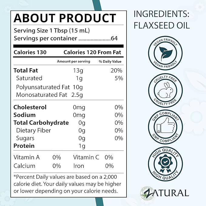 Zatural Flaxseed Oil Organically Grown 100% Pure Flax Seeds Cold Pressed Vegan Omega Fatty Acids (8oz)