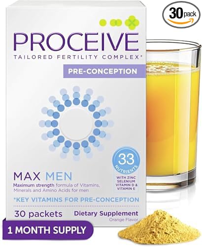 Proceive Max Tailored Fertility Supplement for Men, Pre Conception Vitamins, Minerals, and Amino Acids with Vitamin D, Zinc, Selenium, and Vitamin E, 30 Vegan Drink Mix Packets, Orange Flavor