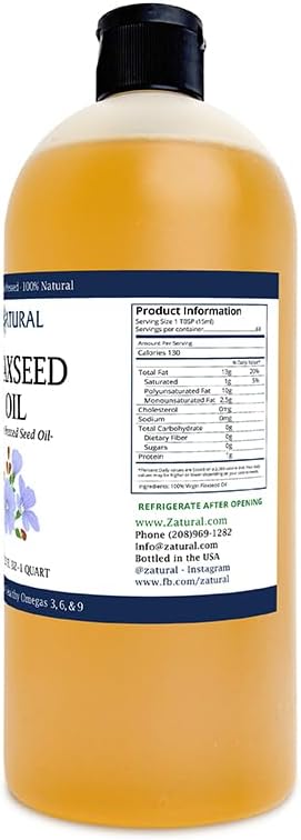 Zatural Flaxseed Oil Organically Grown 100% Pure Cold Pressed Omega Rich Fatty Acids 32oz