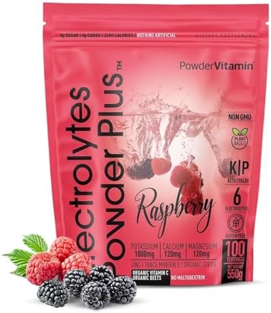 PowderVitamin Electrolytes Powder Plus (100 Servings) Raspberry Electrolyte Powder, Zero Calorie, Keto, 0 Sugar, No Maltodextrin,1000mg Potassium,120mg Calcium,120mg Magnesium, Energy Hydration Powder