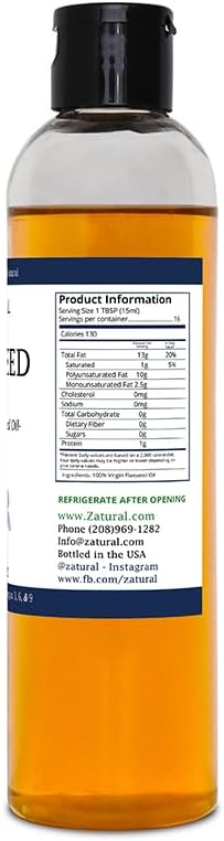 Zatural Flaxseed Oil Organically Grown 100% Pure Flax Seeds Cold Pressed Vegan Omega Fatty Acids (8oz)