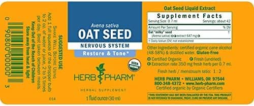 Herb Pharm Certified Organic Oat Seed Liquid Extract for Nervous System Support, Organic Cane Alcohol, 1 Fl Oz