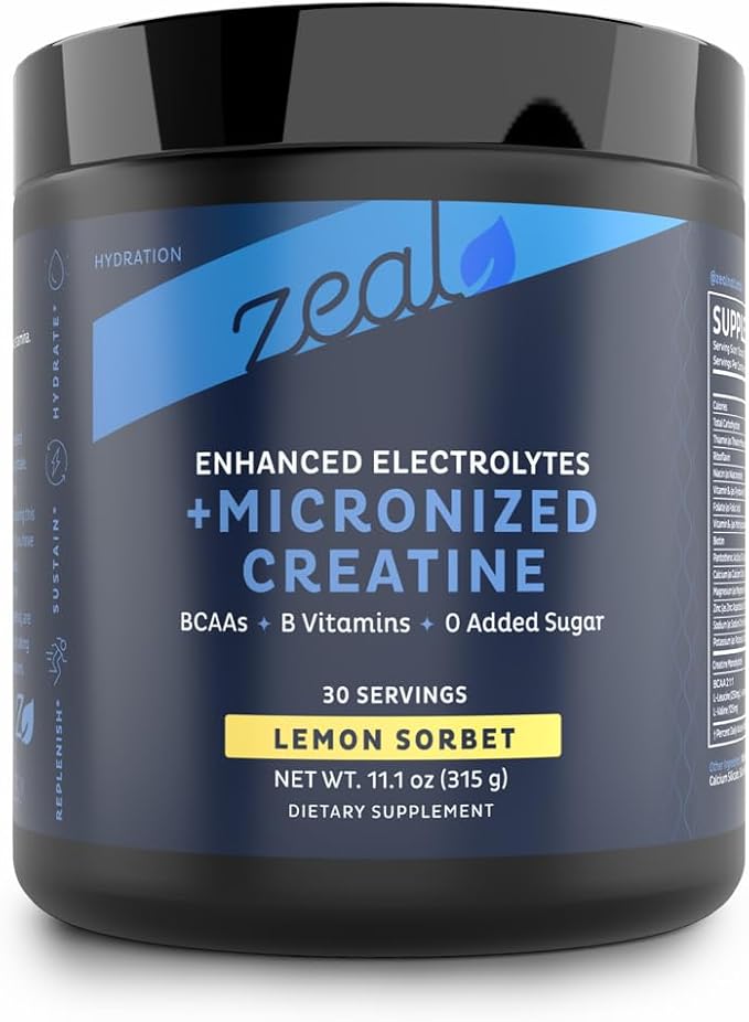 Zeal Electrolyte Powder w/Micronized Creatine (30 Servings | Lemon Sorbet) w 0 Sugar +BCAAs +B-Vitamins Electrolyte Supplement w Potassium Zinc & Magnesium for Hydration - Keto Electrolyte