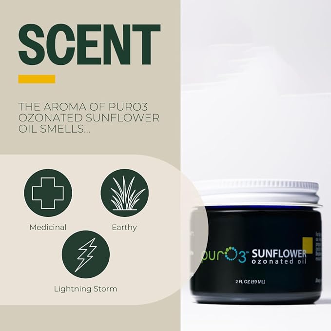 PurO3 Ozonated Sunflower Oil – Pure, Natural, Organic Skincare for Face & Body – Oxygenated Healing Lotion, Moisturizer & Beauty Cream in a Glass Jar – O3 Therapy Salve, 2 oz