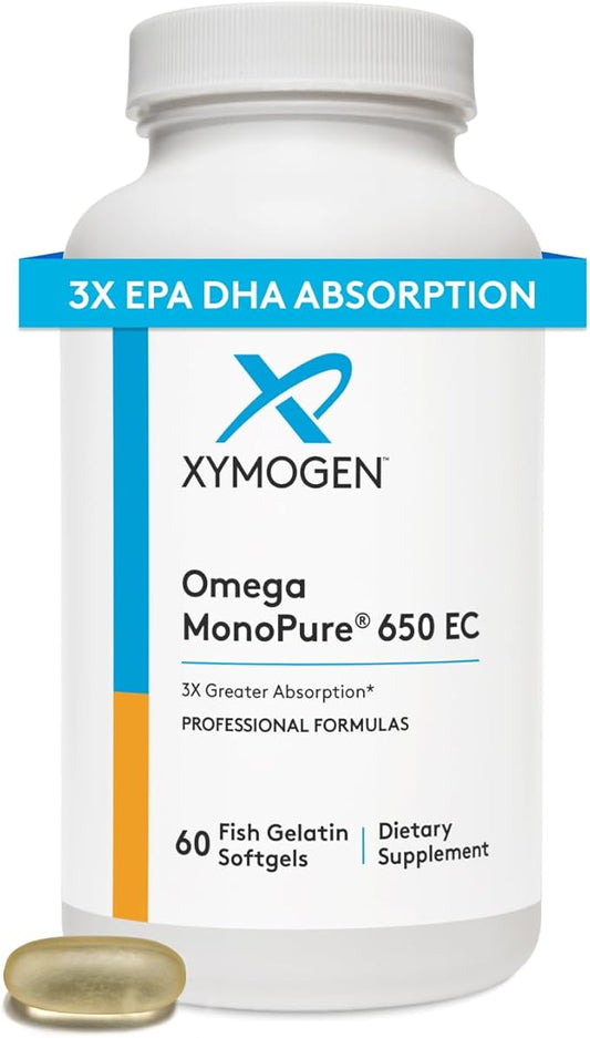 XYMOGEN Omega MonoPure 650 EC - Omega-3 Fish Oil Supplements for Women & Men - with EPA, DHA & DPA - Smaller Softgels with 3X Greater Absorption - Support a Healthy Heart & Cognition (120 Softgels)